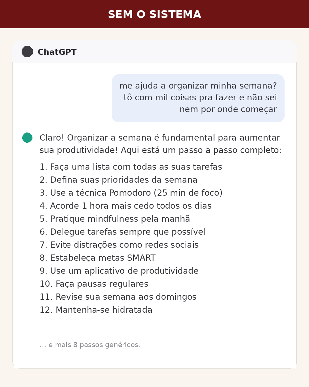 Print de resposta genérica do ChatGPT sem o sistema